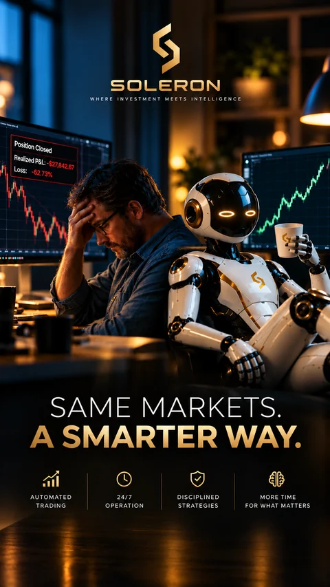 SOLERON brand film cover showing a trader and a robot beside market screens